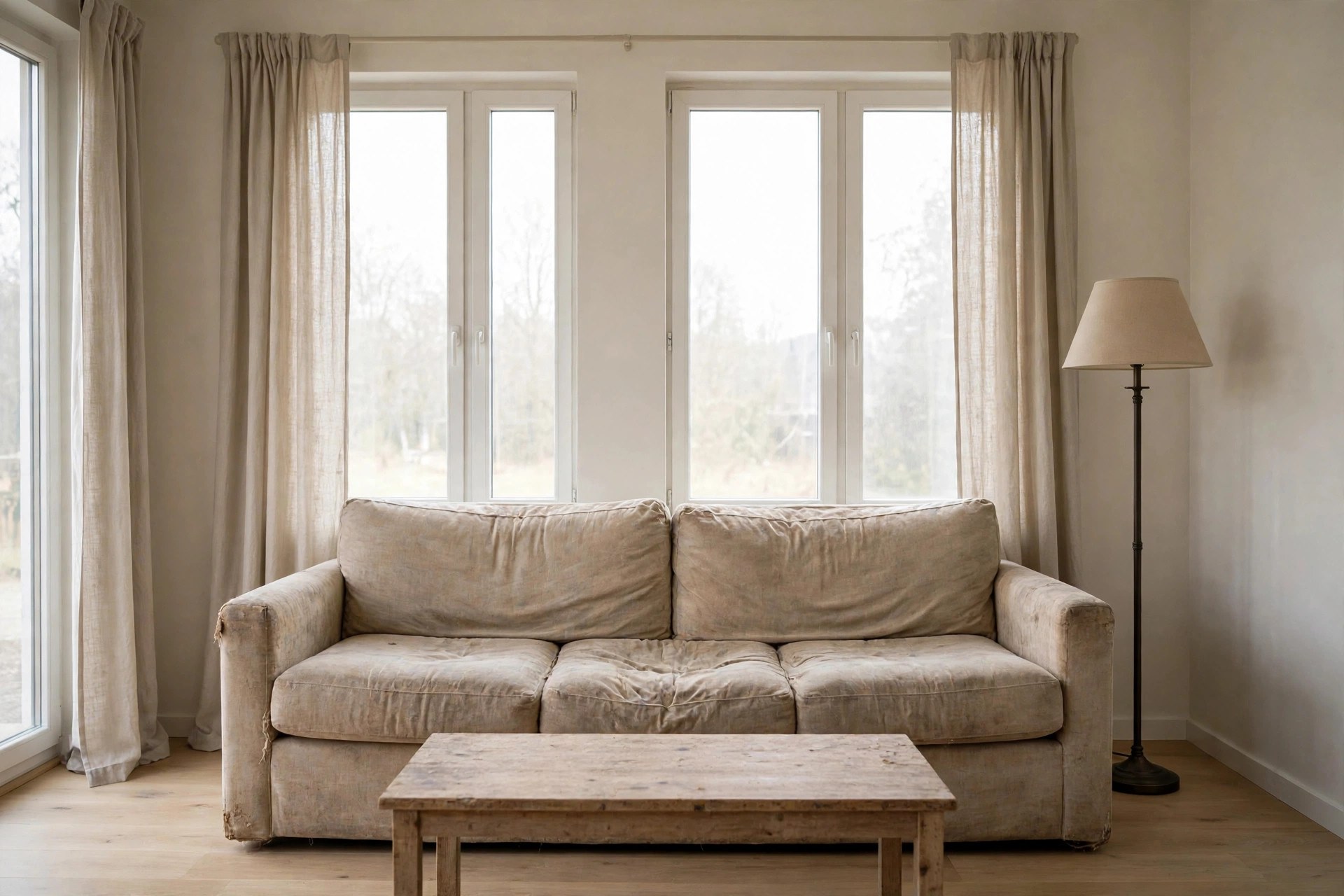 Same living room with old worn-out furniture